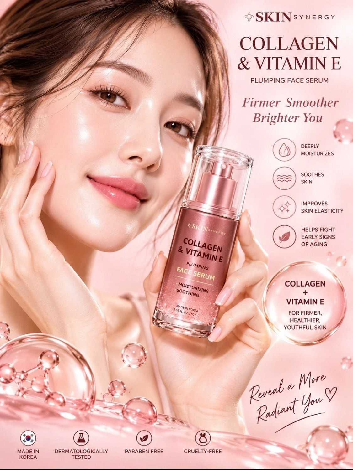 Skin Synergy -Korean   Collagen & Vitamin E Face Serum Plumping Moisturizing