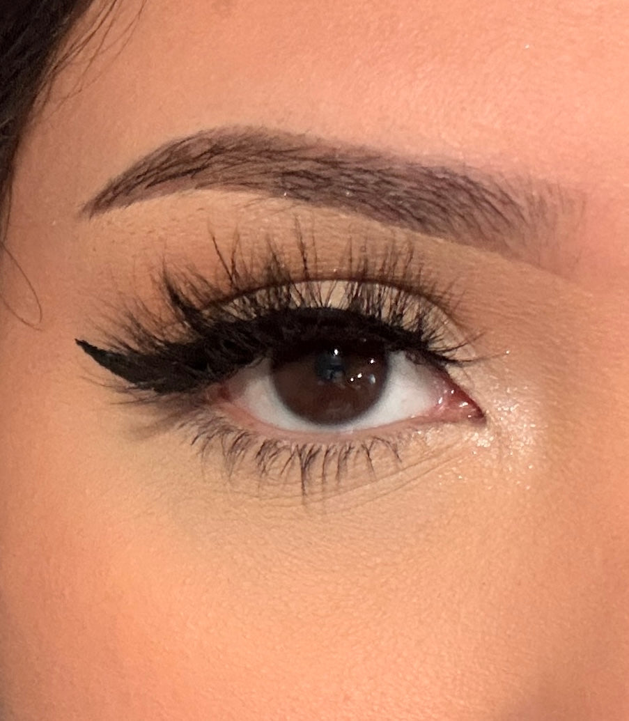 Close-up of a brown eye with eyeliner and eyebrow