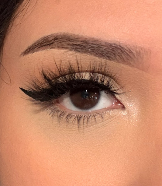 Close-up of a brown eye with eyeliner and eyebrow