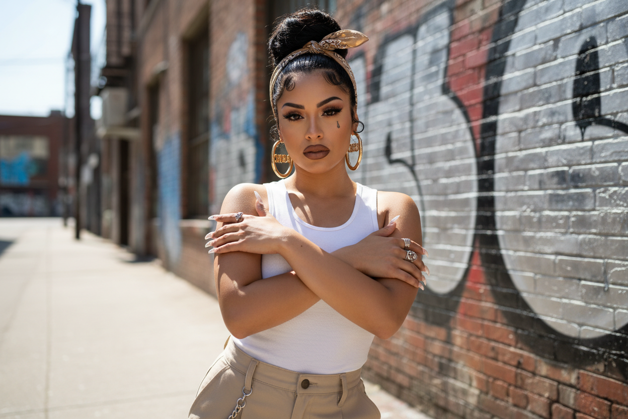 mexican chola looking woman with makeup and hair along with beige dickies, tight tank top and large hoops
